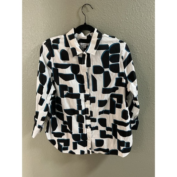 Chico's Tops - Chico's Button Down Shirt Womens 2 Size 12 White Black Teal Excellent Geometric